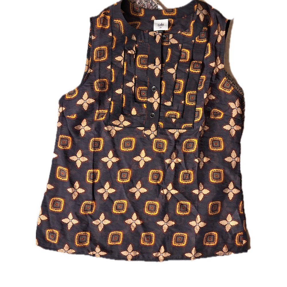 Cabi Womens XS Sleeveless Pleated Bib Blouse Geometric Floral Print Navy Orange